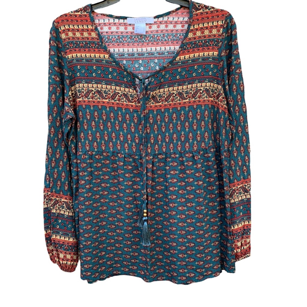 Lascana for Venus Boho Paisley Tunic Top with Fringe Tie Women’s Medium